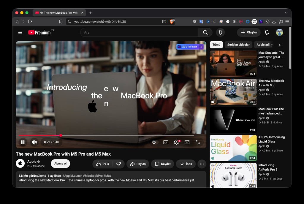 AVS browser extension capturing a YouTube video — the download button appears over the video